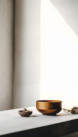 Bowl and spoon on the table in the kitchen. Minimal style.の素材