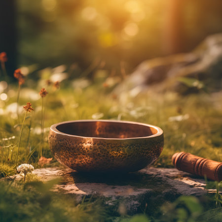 Wooden singing bowl in the garden. Selective focus. nature.の素材