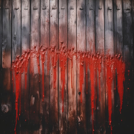 Wooden wall with red paint dripping from it. Grunge backgroundの素材