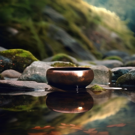 Buddhist bowl on a rock with reflection in the water.の素材