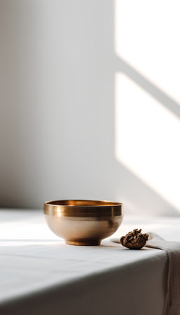 golden bowl on white table in room with window and blindsの素材