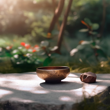 Wooden bowl with a stone in the garden on a sunny dayの素材