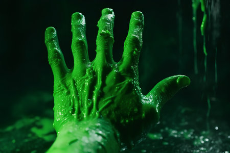 Close up of human hands covered with green slime. Halloween concept.の素材