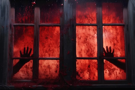 Horror scene with hands on the window and blood on the glassの素材