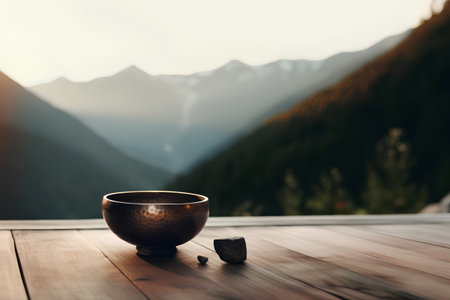 Wooden bowl with tea on wooden table in front of mountains.の素材