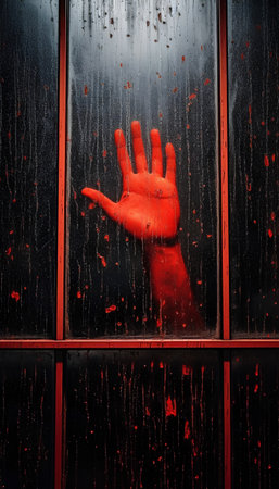 Halloween theme: terrible bloody hand on a black wooden door backgroundの素材