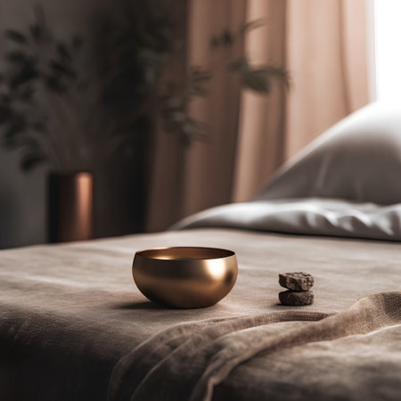 Golden bowl on the bed in the bedroom. 3d rendering.の素材