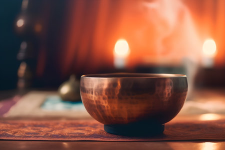 Burning incense in a copper bowl on a wooden table.の素材
