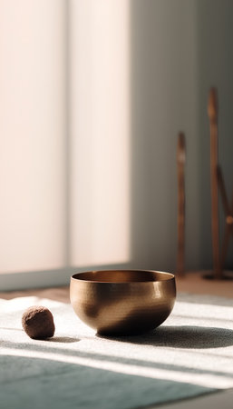 Golden singing bowl on the floor in a room with sunlight from the windowの素材
