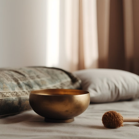 golden singing bowl on the bed in the bedroom with pillowsの素材