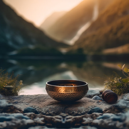 Bowl of tea on the shore of a mountain lake at sunsetの素材