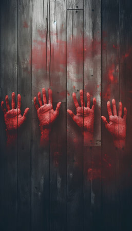 Bloody hands on wooden background. Halloween theme. Horror film.の素材