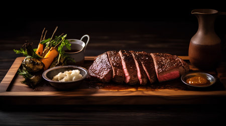 Sliced roast beef with sauce and vegetables on a wooden boardの素材