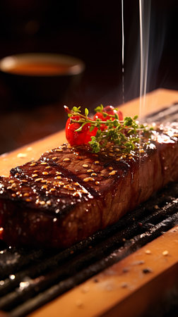 Grilled beef steak with herbs and sauce on a wooden board.の素材