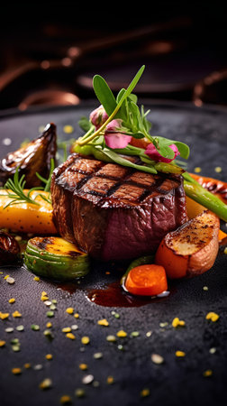 Grilled beef steak with vegetables and sauce on a black background.の素材