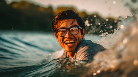 Portrait of a happy Asian man swimming in the water at sunset.の素材