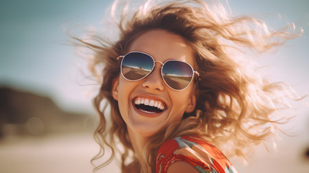 Portrait of a beautiful young woman in sunglasses on the beach.の素材