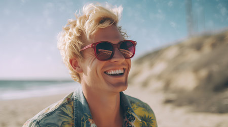 Portrait of a beautiful blonde woman in sunglasses on the beach at sunsetの素材
