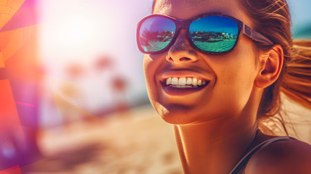 Portrait of a young woman wearing sunglasses and smiling at the beachの素材
