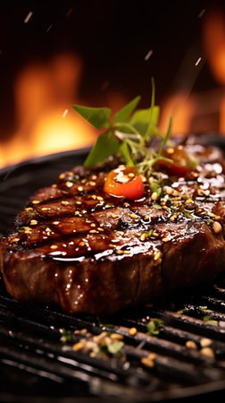 Beef steak on grill with flames on background. Shallow dof.の素材