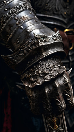 Close-up of the armor of the medieval knight. Black background.の素材