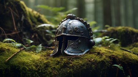Medieval knight helmet on green moss in forest. Selective focusの素材