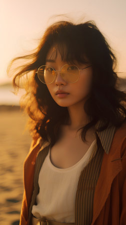Portrait of a beautiful asian girl in sunglasses at sunset.の素材