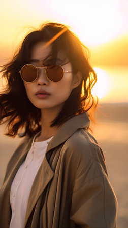 Beautiful asian woman in sunglasses on the beach at sunset.の素材