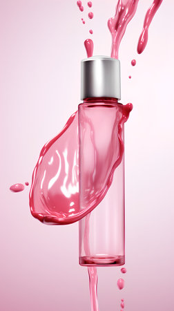 3d render of pink nail polish bottle with splashes on pink backgroundの素材