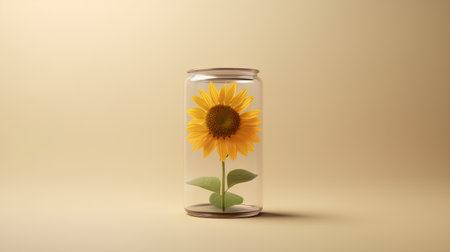 Sunflower in a glass jar on a beige background. 3d renderingの素材