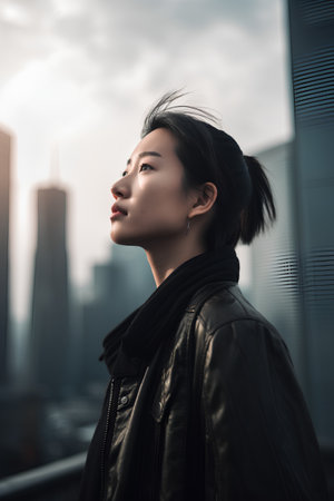 Beautiful young asian woman in black leather jacket standing on the roof of a skyscraperの素材
