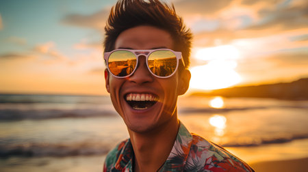 Portrait of young Asian man with sunglasses on the beach at sunset.の素材