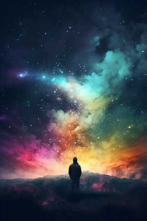 Man looking at abstract colorful starry background. 3D Renderingの素材