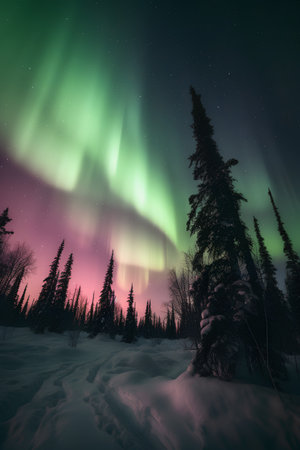 Aurora borealis, northern lights over winter forest at night.の素材