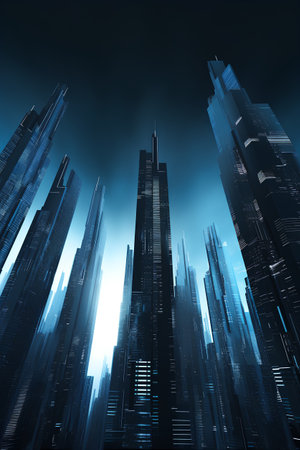 abstract modern skyscrapers on a dark background, 3d renderの素材