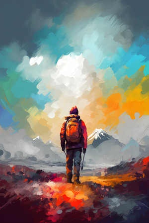 Hiker with a backpack on the trail in the mountains. Digital painting.の素材