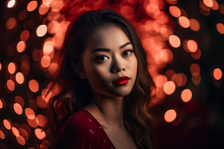 Portrait of a beautiful young woman with red lips on bokeh backgroundの素材
