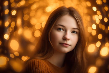 Portrait of a beautiful young girl on a background of golden lightsの素材