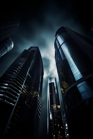 Skyscrapers in the business district at night. 3d renderingの素材