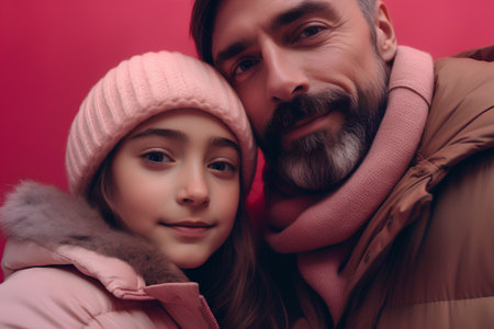 Portrait of father and daughter in winter clothes on pink background.の素材