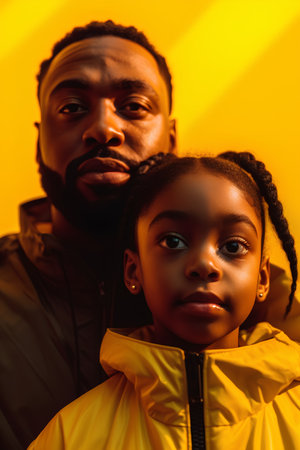 african american father and daughter looking at camera on yellow backgroundの素材
