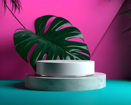 Minimalist abstract scene with podium and monstera leaf. 3d renderの素材