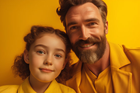Portrait of a smiling father and daughter on a yellow background.の素材