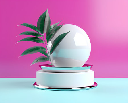 3d render of white podium with green plant on pink background.の素材