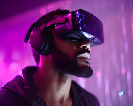 Young african american man using virtual reality headset against purple backgroundの素材