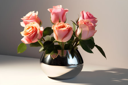 Bouquet of pink roses in a vase on a gray backgroundの素材