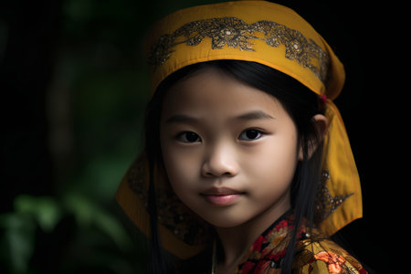 Portrait of asian little girl in traditional costume on black backgroundの素材