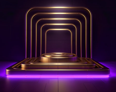 3d render, abstract background, neon light, ultraviolet light, magic portal, portal, podiumの素材
