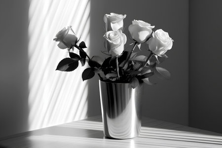 White roses in a vase on the table. Black and whiteの素材