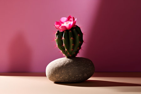 Cactus with pink flower in pot on pink background. 3D renderingの素材